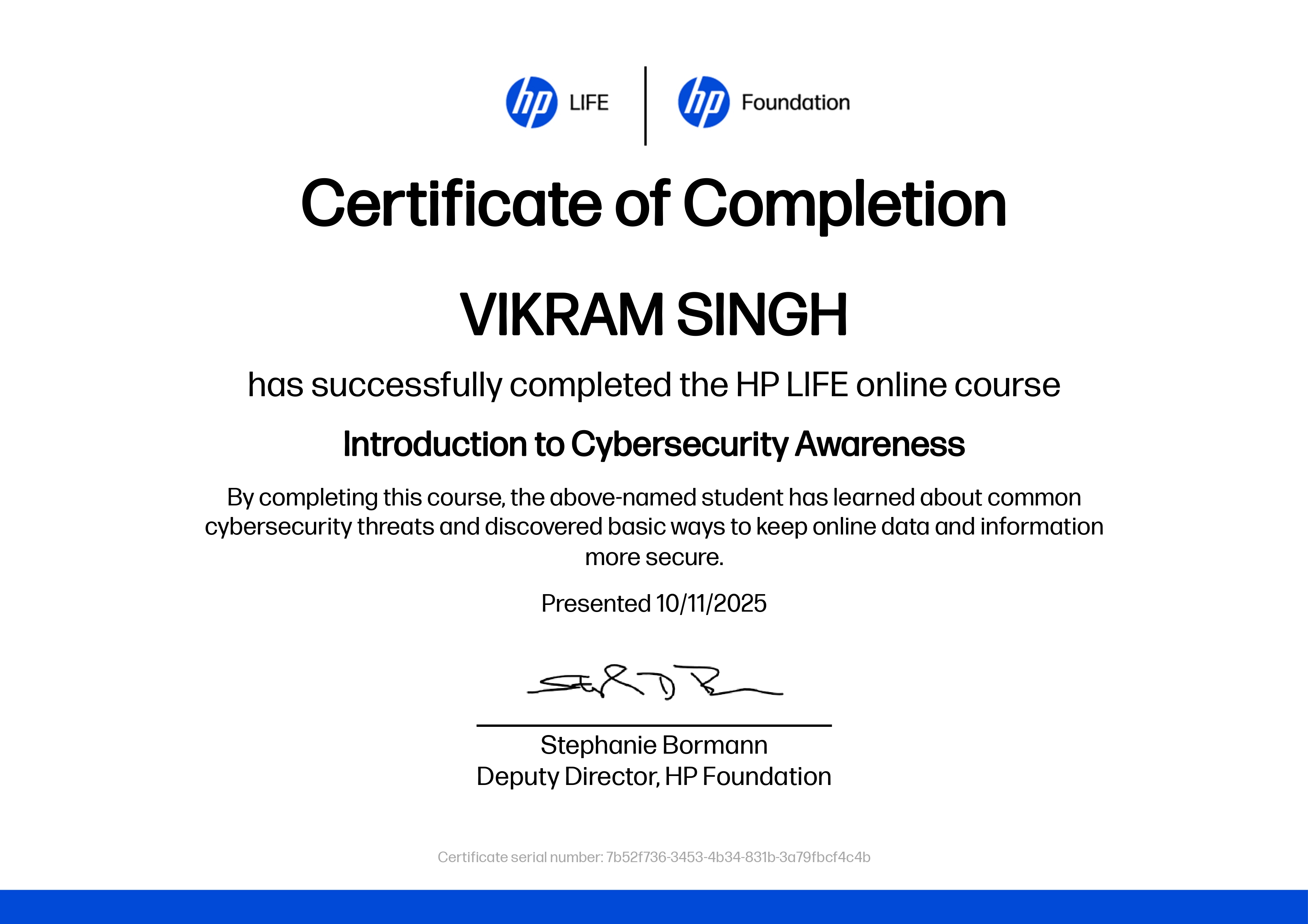 Introduction to Cybersecurity Awareness certificate